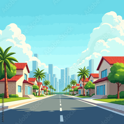 City street with red-roof houses, palm trees, and distant skyline under a bright blue sky. Ideal for suburban and real estate themes.