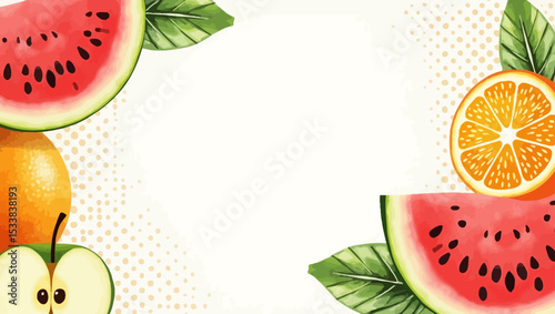 Fruit-themed border with slices of watermelon, apple, and orange on a light background. Perfect for summer and healthy food themes.