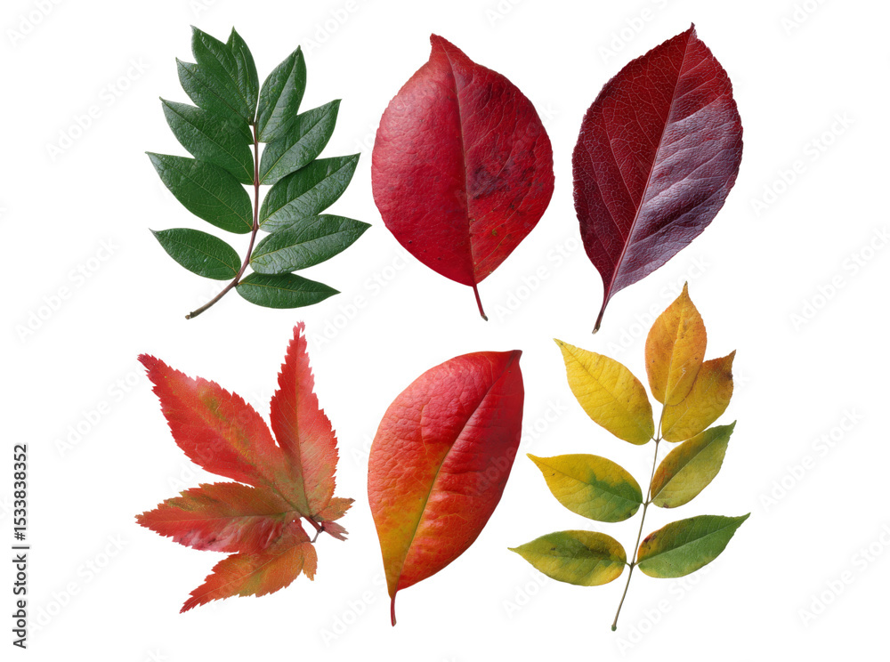 Fototapeta premium Six vibrant autumn leaves isolated on black background, Isolated On Transparent Background