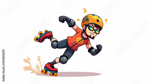 Cartoon character skating fast on roller skates with helmet and protective gear in energetic motion.