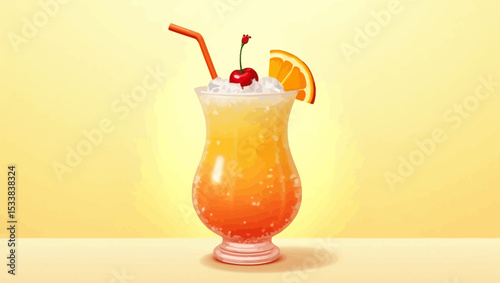 Summer cocktail in a glass with straw, orange slice, cherry, and fizzy bubbles on yellow background.