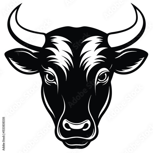 Monochrome strong bull head showing with long curved horns in an isolated image