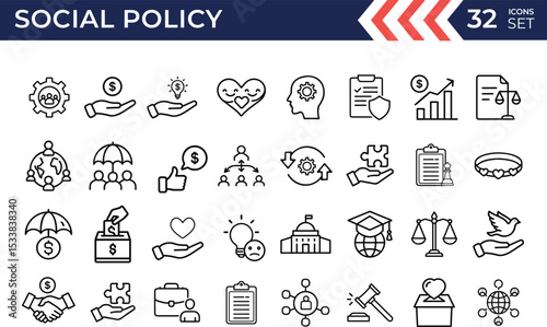 Social policy line vector icon set. Icons symbolizing services, legislation, health care, reform, education vector  icon collection.