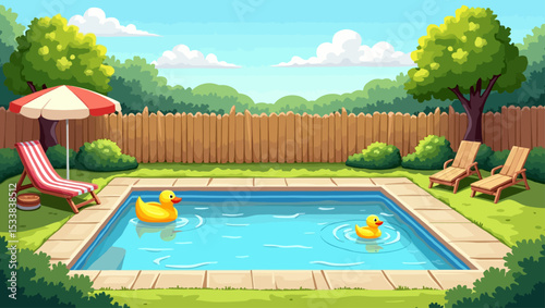Peaceful backyard swimming pool with lounge chairs, umbrella, and inflatable ducks under sunny sky.