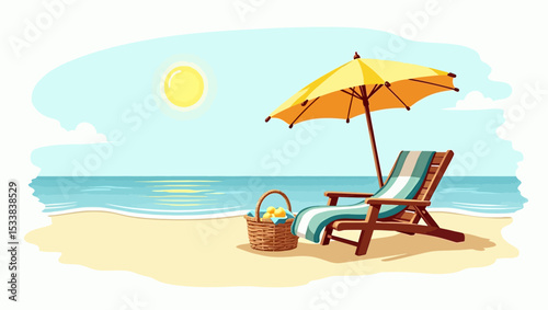 Beach scene with striped chair, umbrella, and basket under sun near sea in calm summer landscape.