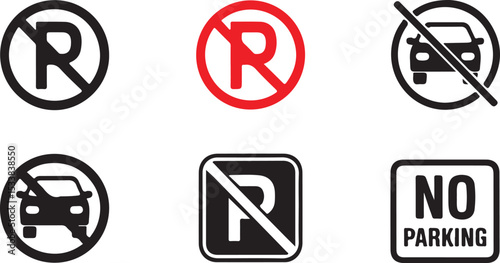a collection of various no parking signs, including circular and rectangular designs vector art on white