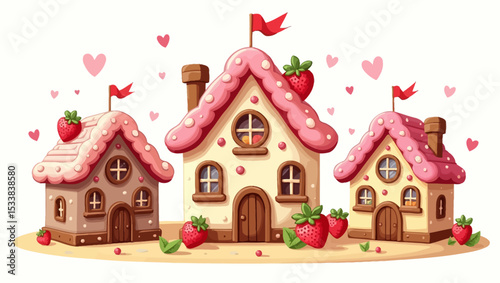 Cute gingerbread-style strawberry houses with pink rooftops, ideal for fantasy or sweet fairy tale themes.