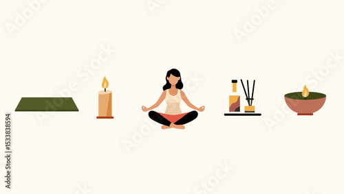 Minimalist yoga and meditation setup with woman meditating, candles, aroma sticks, and peaceful atmosphere.