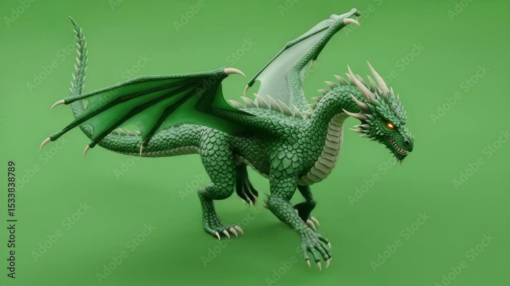 green dragon animal walking forward with green screen background