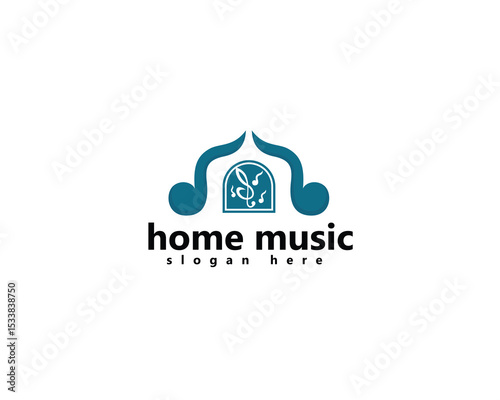 home music logo, two notes form a house logo design inspiration