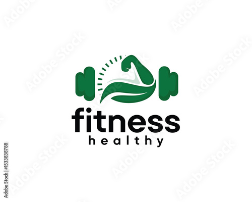 gym fitness logo, arm shape leaf with barbell, logo design template