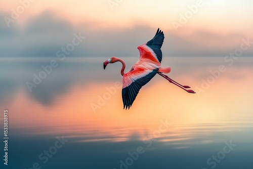 Graceful Pink Flamingo in Flight Over Calm Water with Vibrant Pink and Blue Plumage Against a Soft Sunset Sky, Highlighting Wildlife, Natural Beauty, and Tranquil Evening Landscapes.
