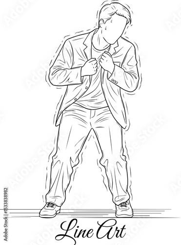 Anxious Man Adjusting Shirt Line Art Sketch, Man Adjusting Shirt, Nervous 