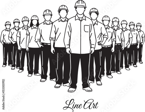 Group of Industrial Workers in Hard Hats Line Art