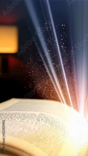 Open book with glowing light and rays emanating upwards into a dark background, knowledge, learning, and wisdom concepts