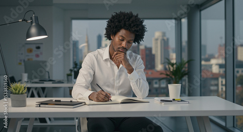 Young man thinking while writing in notebook at modern office desk  