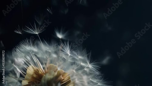 Close-up shot of a dandelion clock, with seeds gently drifting into the air. The photo showcases the delicate structure and ethereal beauty of the plant against a dark background
