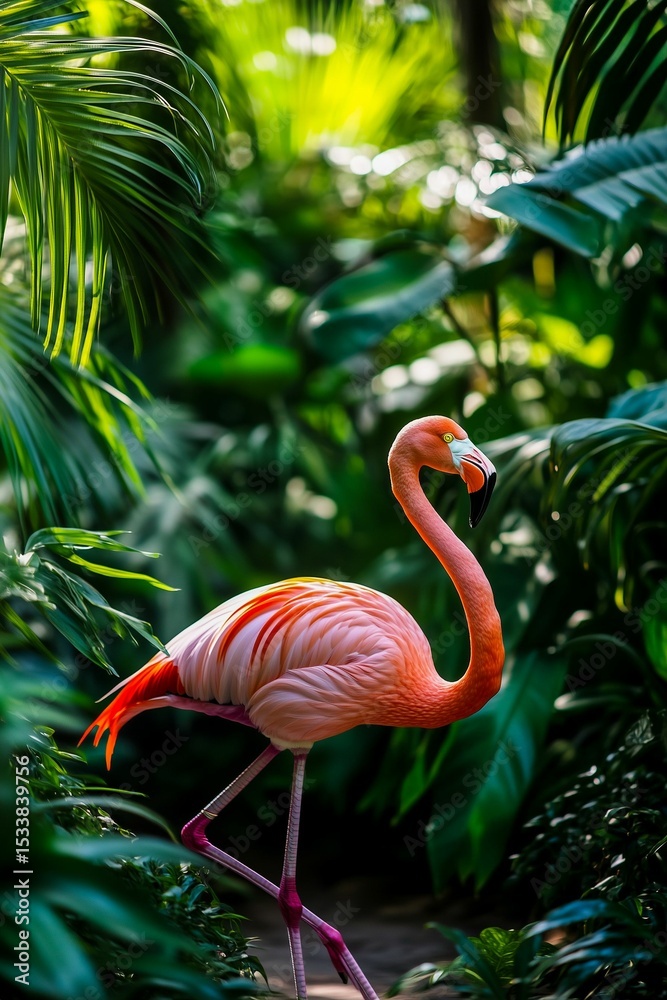 Fototapeta premium Vibrant Pink Flamingo in a Lush Tropical Jungle Setting, with Dense Green Foliage, Showcasing its Striking Plumage and Graceful Presence in an Exotic and Untamed Rainforest Environment.