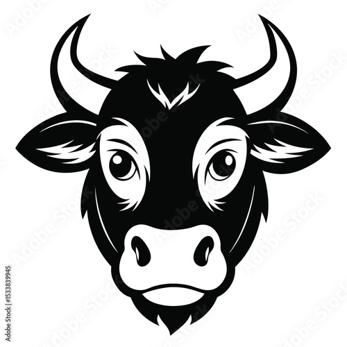 Frontfacing black and white cow head features cute eyes and stylized horns