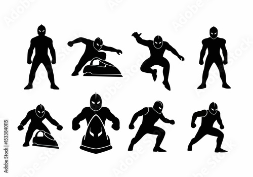 Superhero poses with jet ski icons collection