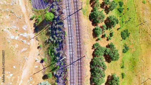 Top view of railway tracks crossing a green field, surrounded by trees and a parked vehicle. A contrast of nature and infrastructure.