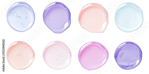 Eight round gel texture circles pastel colors cosmetic product isolated on white transparent background