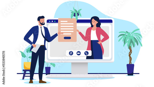 Two businesspeople conducting an online video meeting or conference call, with a man presenting documents and a woman interacting on a large computer screen. Flat design vector illustration