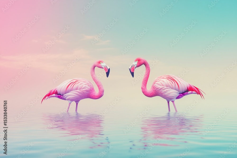 Obraz premium Flamingo Couple Photography Collection for Nature and Travel Designs – Wildlife, Tropical Birds, Romantic Scenes, Beach, Summer