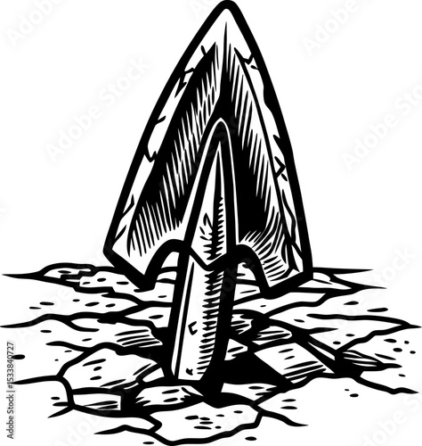Arrowhead embedded in cracked ground archaeological artifact, primitive weapon tool, ancient history illustration