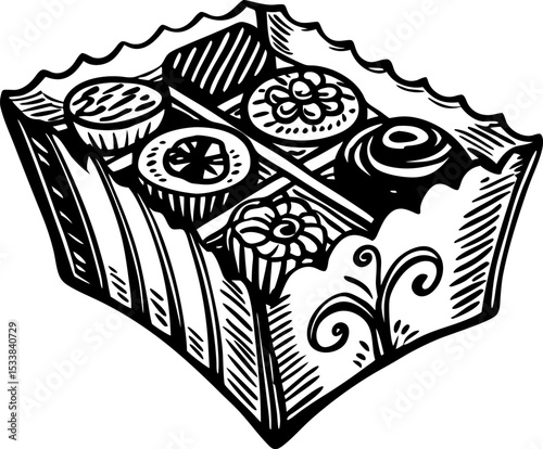 Assorted gourmet chocolates in decorative box hand drawn sweets, artisan confectionery, elegant dessert treats