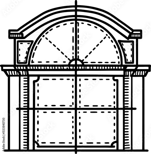 Arched architectural window with classical columns and decorative molding symmetrical vintage building element illustration