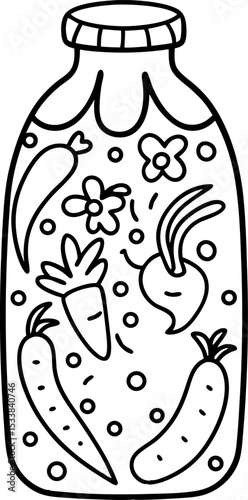 pickled vegetables in glass jar, black and white line drawing carrots, cucumber, beetroot, flowers and bubbles illustration