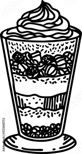 Layered dessert parfait with whipped cream, nuts, fruit and creamy yogurt in a glass, sweet treat illustration