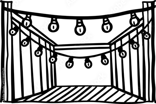 String lights hanging on terrace railing decorative outdoor space, cozy evening ambiance, minimalist line art