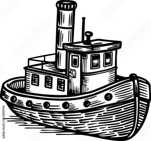 Vintage tugboat illustration retro marine boat, black and white engraving style, nautical transport graphic