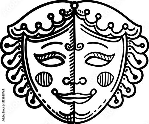 Theatrical comedy and tragedy mask illustration, intricate line art face design, dramatic emotions symbol