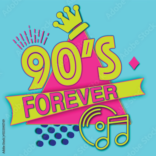Colorful 90s Forever Logo – Pop Art Style Retro Emblem Vector with Aesthetic Fashion Background.