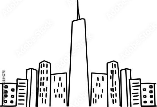 Modern urban skyline outline with tall central skyscraper and surrounding buildings on white background