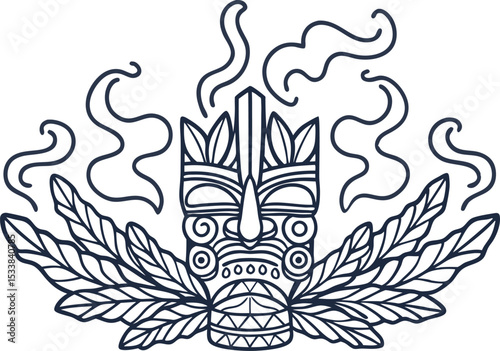 Tribal mask with swirling lines and decorative leaves ethnic ornamental design, traditional cultural symbol art