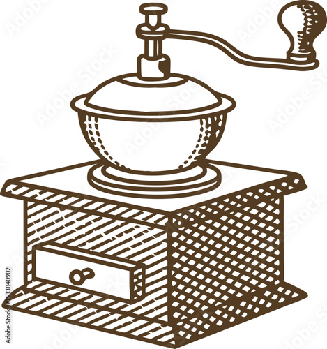 Vintage manual coffee grinder illustration hand drawn antique wooden mill for grinding coffee beans, retro kitchen tool