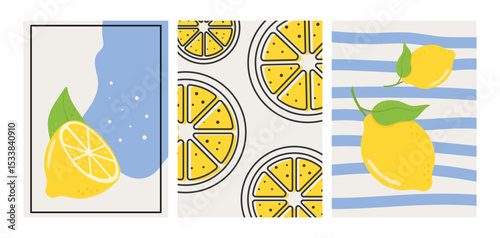 Lemon poster set. Cards with blue and yellow design elements. Fresh citrus fruit wall art, summer kitchen decor.