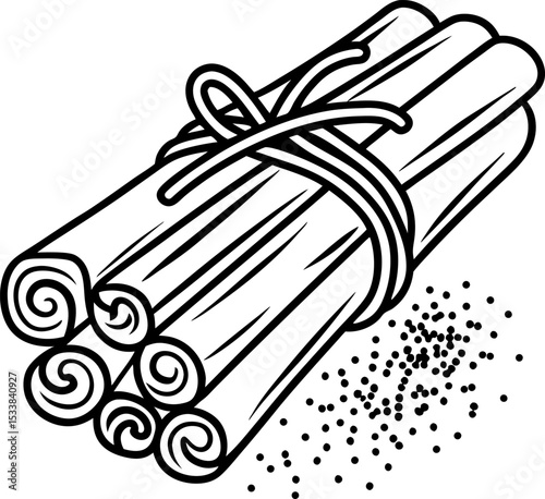 Cinnamon sticks bundle with scattered ground spice aromatic bark, seasoning ingredient, herbal food illustration