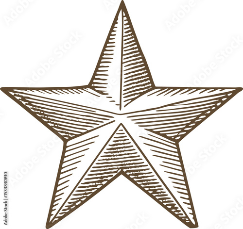 Hand drawn five pointed star, vintage sketch symbol decorative line art isolated on white background