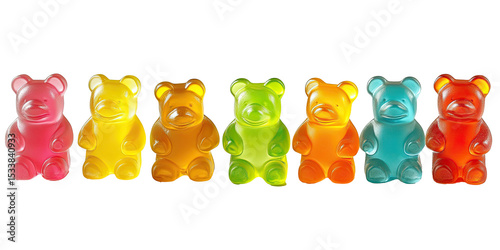 Seven colorful gummy bears in row rainbow jelly candy sweets  isolated on white transparent background