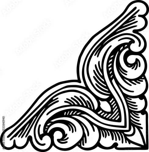 Vintage ornamental corner design with intricate swirling lines and elegant decorative patterns, black and white illustration
