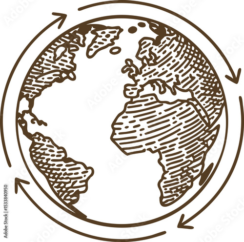 Hand drawn globe illustration with continent detail and circular arrows symbolizing global movement and connection