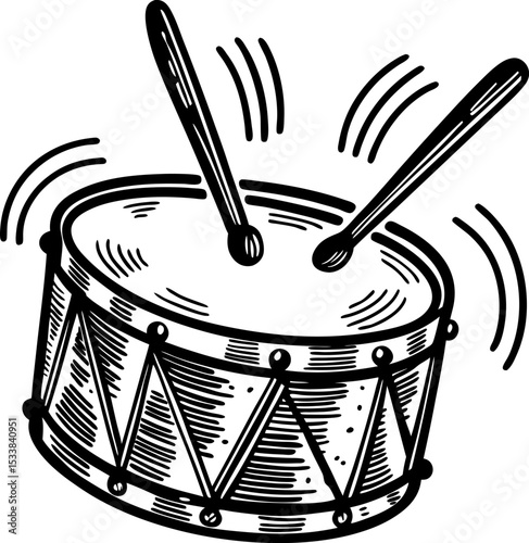 Snare drum illustration musical percussion instrument with drumsticks, vintage hand drawn style, rhythmic sound concept
