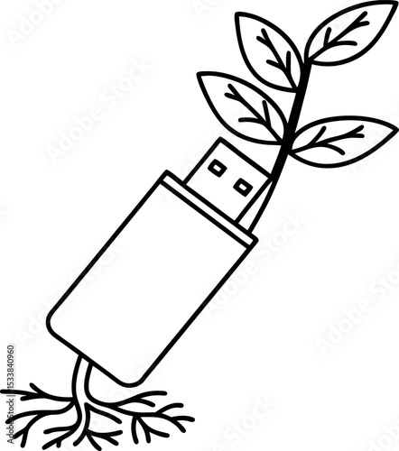 Usb flash drive transforming into a growing plant with leaves and roots, technology sustainability concept
