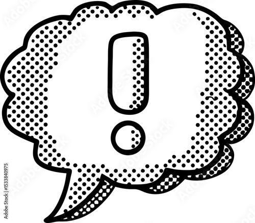 Comic speech bubble with exclamation mark black and white pop art alert symbol, retro notification balloon
