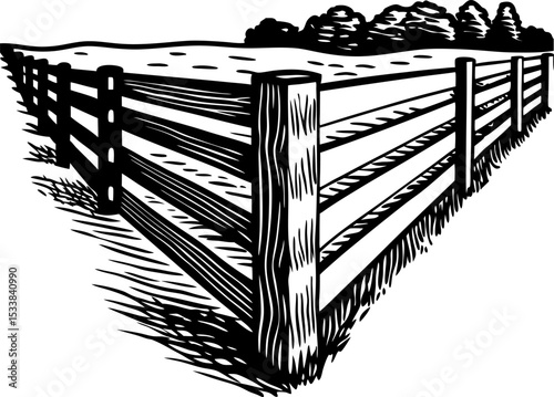 Traditional wooden fence dividing rural farmland, countryside pasture landscape, lined with posts and rails
